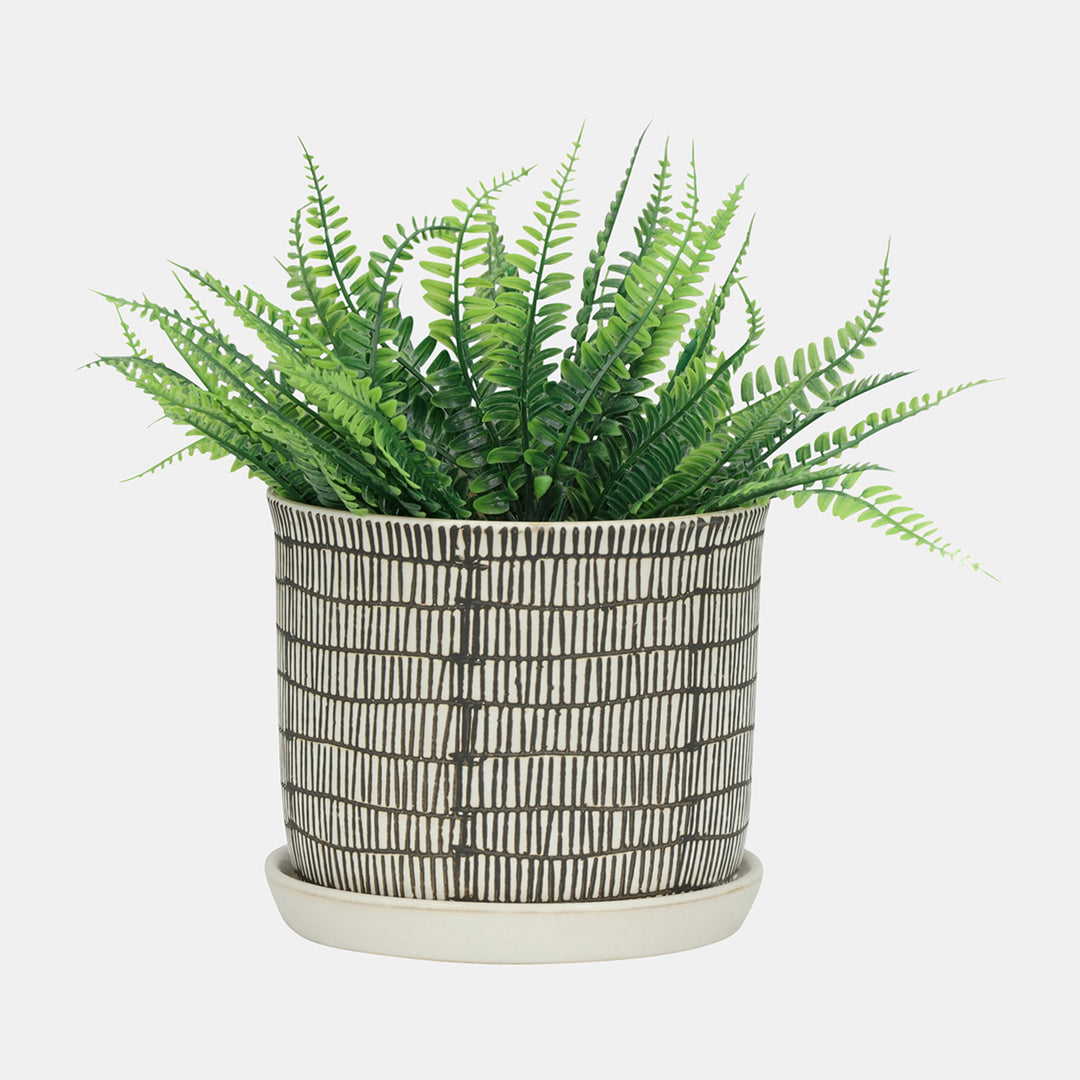 Ceramic Lines Planter with Saucer