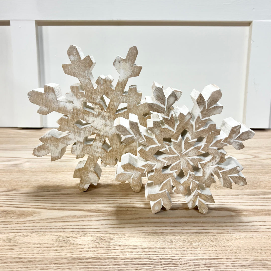 White Washed Mango Wood Snowflakes - Set of 2