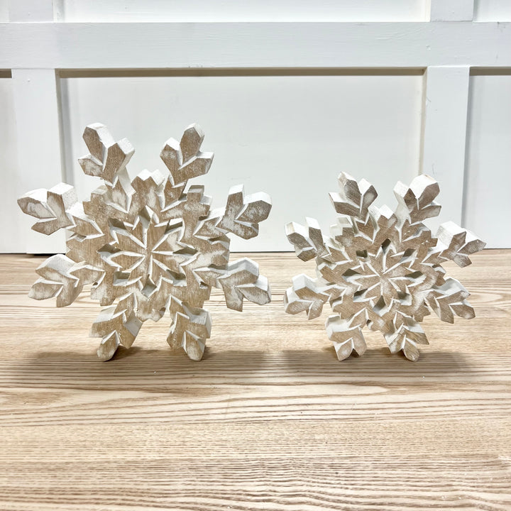 White Washed Mango Wood Snowflakes - Set of 2