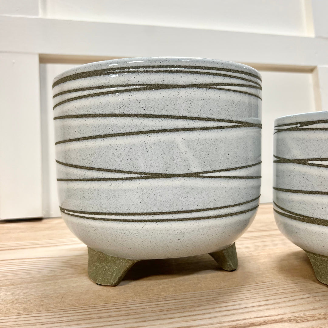 Sage Green Striped Footed Planters - Set of 2