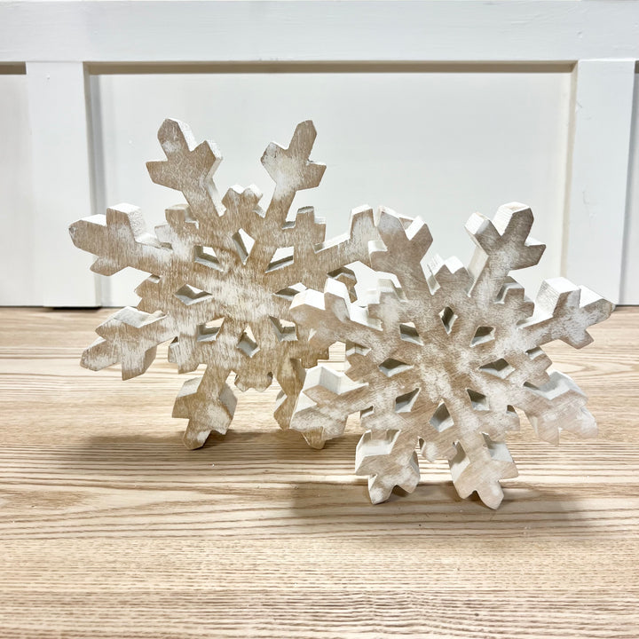 White Washed Mango Wood Snowflakes - Set of 2