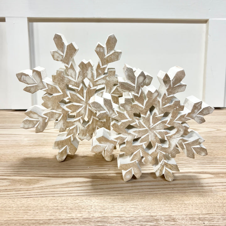 White Washed Mango Wood Snowflakes - Set of 2