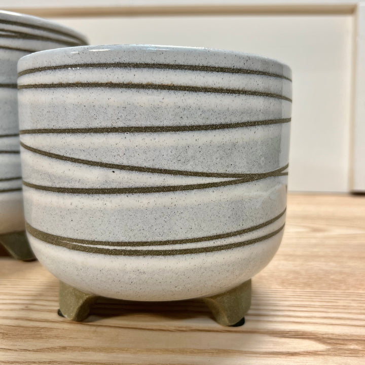 Sage Green Striped Footed Planters - Set of 2