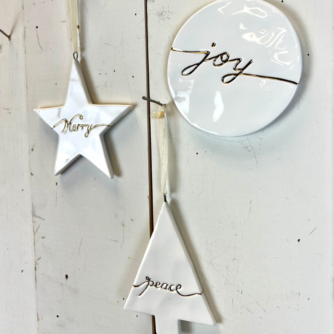 Joy, Merry, Peace White Ceramic Ornament