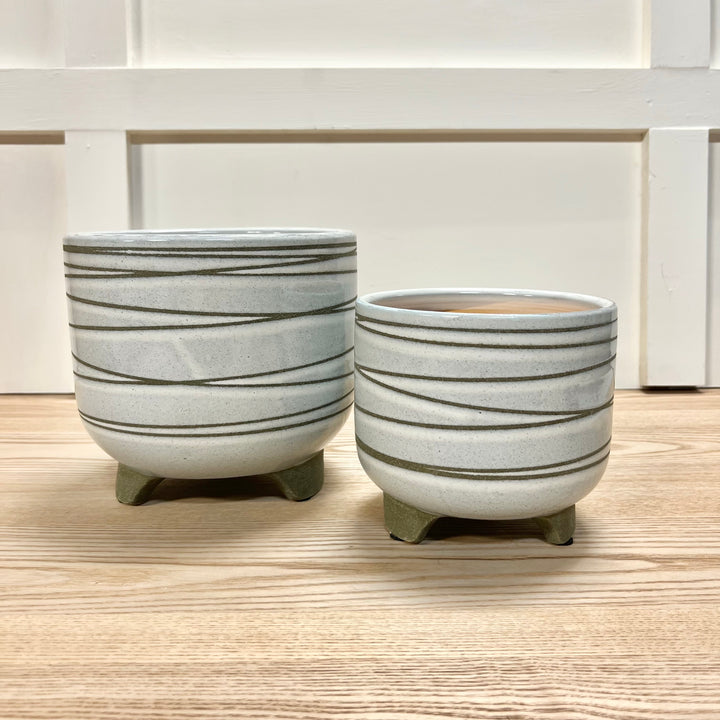 Sage Green Striped Footed Planters - Set of 2