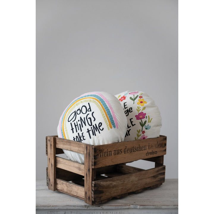 16" Round Printed & Embroidered Pillow, 2 Styles