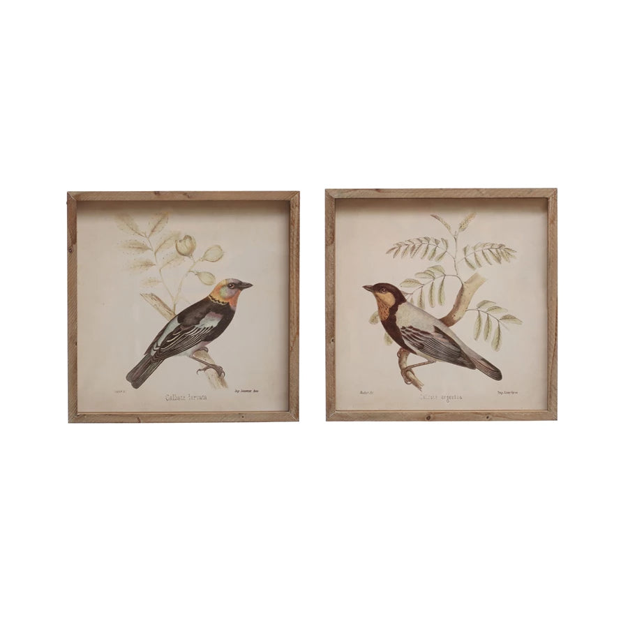 Wood Framed Glass Wall Decor w/ Bird, Set of 2