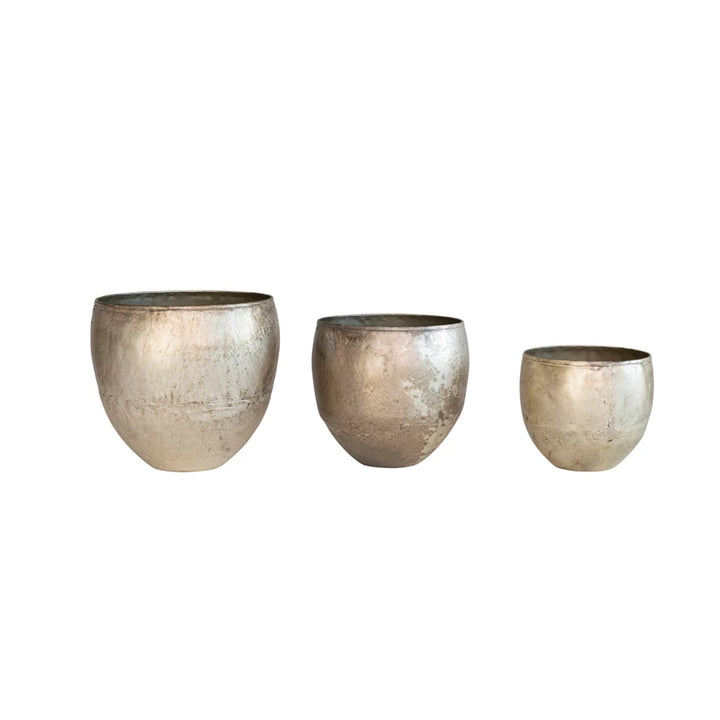 Metal Planters, Distressed Pewter Finish, Three Sizes