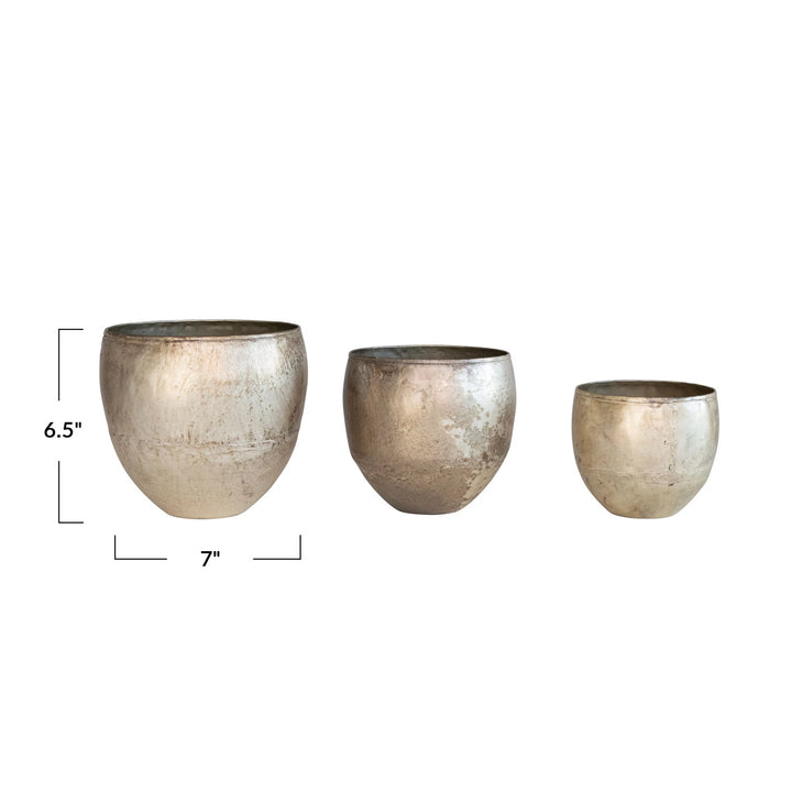 Metal Planters, Distressed Pewter Finish, Three Sizes