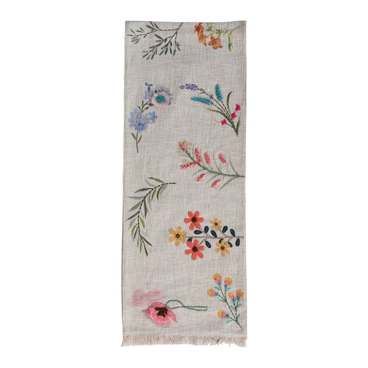 Cotton Printed Table Runner w/ Flowers, Embroidery & Fringe