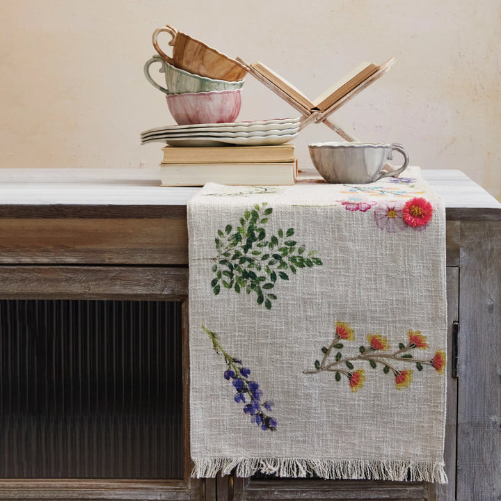 Cotton Printed Table Runner w/ Flowers, Embroidery & Fringe