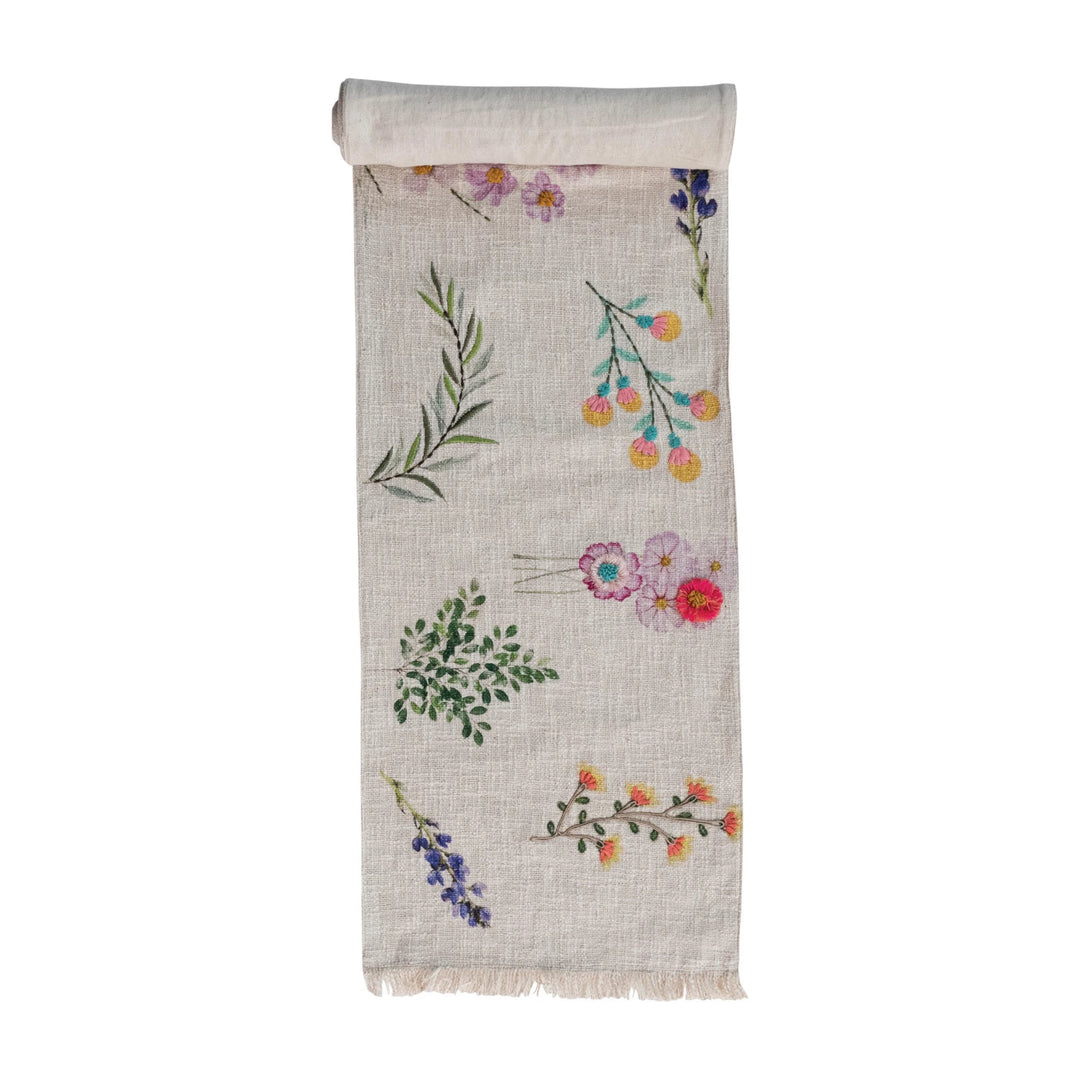 Cotton Printed Table Runner w/ Flowers, Embroidery & Fringe