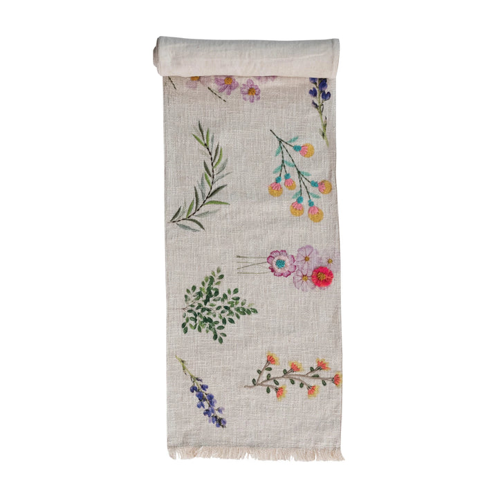 Cotton Printed Table Runner w/ Flowers, Embroidery & Fringe