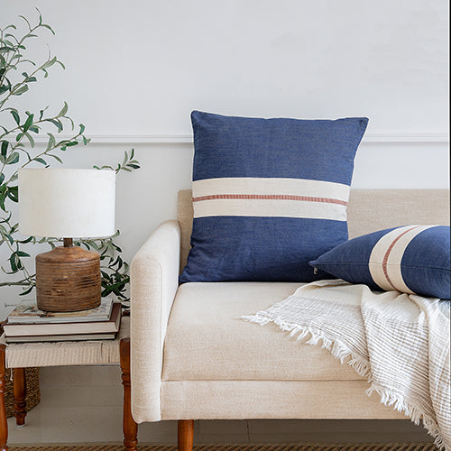 Navy Pillow with Cream and Red Stripe